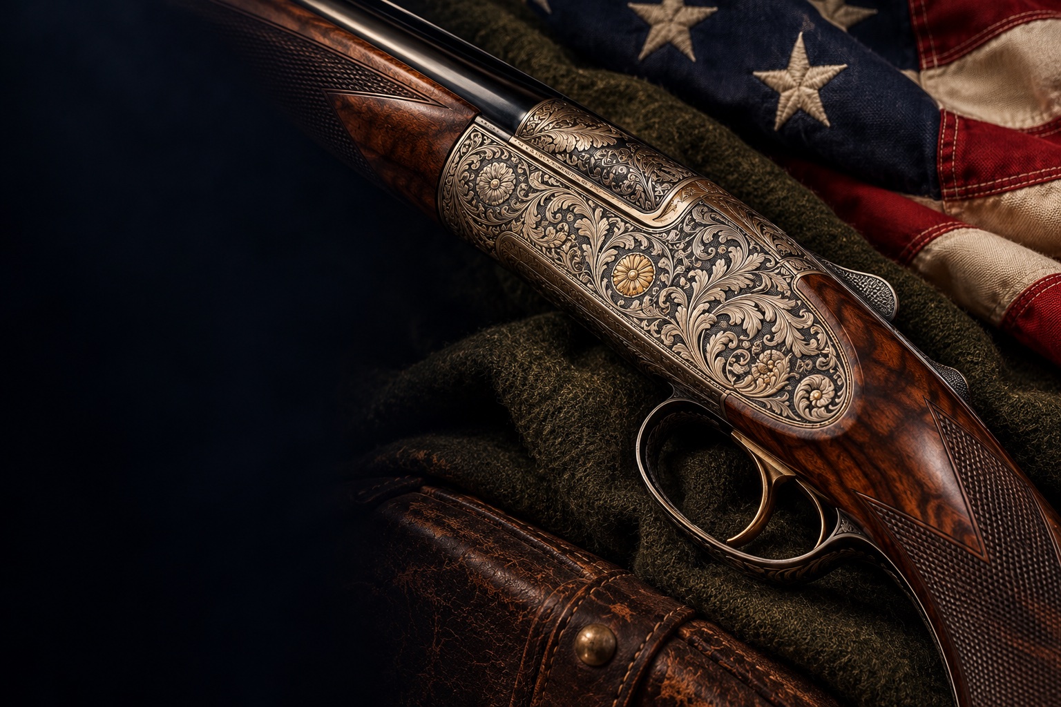 Illustrative engraved sporting firearm with walnut and a folded American flag