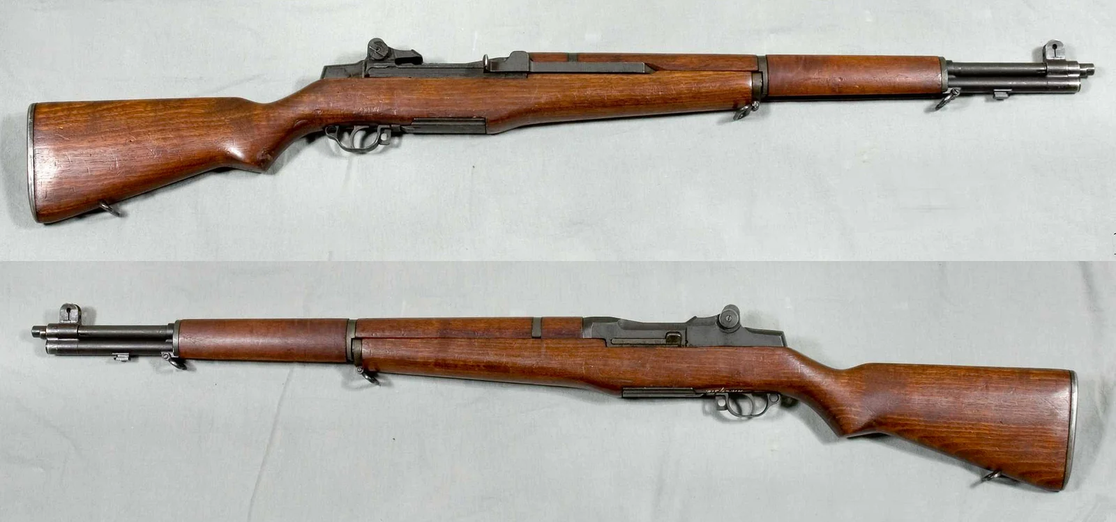 Museum composite showing the left and right sides of one M1 Garand rifle.