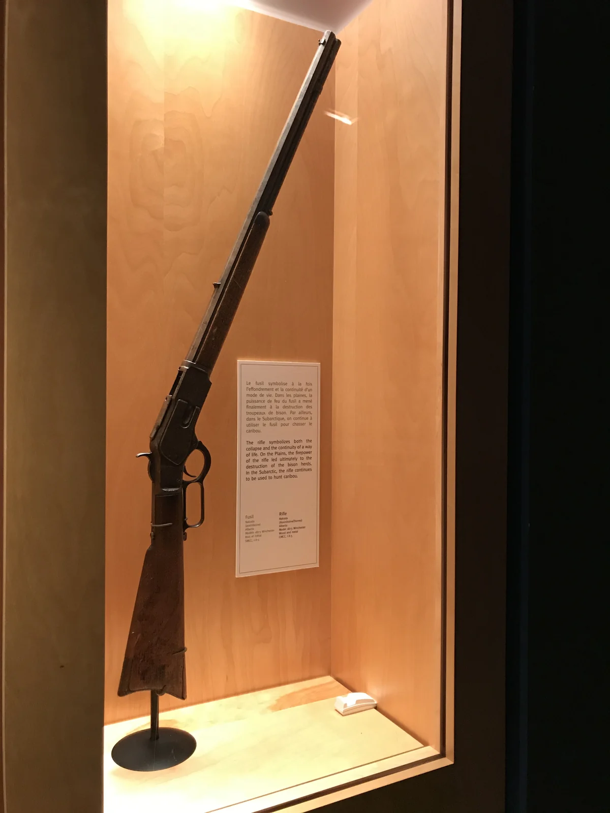 Winchester Model 1873 displayed upright in a museum case with an interpretive label.